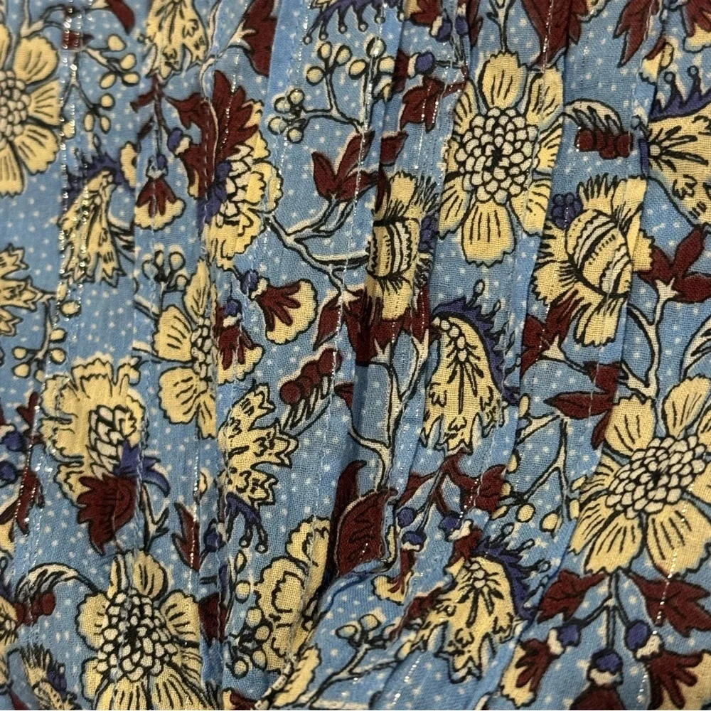 LOFT Light Blue Floral/ metallic Puff-Sleeve Blouse